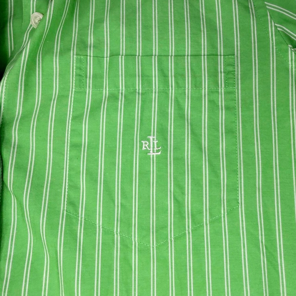 Lauren Ralph Lauren Green Striped Contrast Cuff Button-Up Shirt- L - Picture 5 of 8